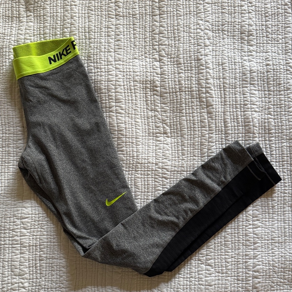 Nike Women's Gray and Black Leggings with Neon Green Waistband